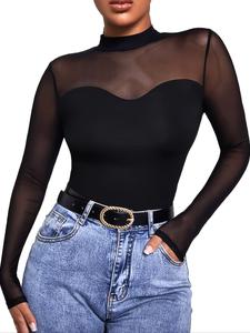 Women's Transparent Mesh High Neck Long Sleeve Slim Fit Top, Elegant Solid Color T-Shirt for Spring & Fall, Casual Fashion Wear