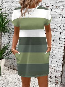 【Plus Size】 Colorblock Striped Print Round Neck Dress, Casual Short Sleeve Crew Neck Dress for Summer, Women's Plus Clothing for Daily Wear, Womenswear