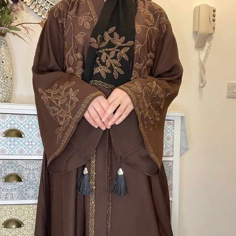 Alyana abaya zoom fabric open jacket style, fully embroidered with embroidered scarf.