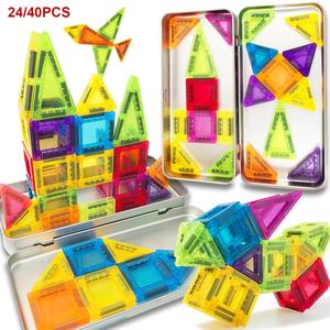 Mini Magnetic Tiles, 24/40PCS Magnetic Building Blocks with Iron Box, Magnet Toys Travel Size On-The-Go Construction Set STEM Travel Toys for Boys and Girls Ages 3+