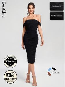 EvoChic Women's Wedding Guest Dress 2025 - Off Shoulder Ruched Bodycon Midi Cocktail Party Dress - Machine Washable & Fashion Award Winner 2025