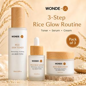 WONDE-UK Rice Skincare Set Pack of 3 – Toner, Serum & Cream Korean Skincare Routine for Hydrated, Glowing Skin