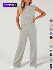 Women's Solid Tank Top & Drawstring Waist Wide Leg  Pants Two-piece Set, Casual Sleeveless Round Neck Top & Trousers for Daily Wear, Ladies Two-piece Outfits for All Seasons