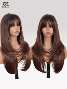 Gktineke wig, Glueless hair wigs 26-inch non-adhesive brown-gold hairband for curtain bangs, Long straight layered synthetic hair, realistic scalp, fibers, easy to wear, suitable for all races, Hair replacement wigs