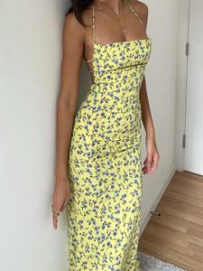 Women's Ditsy Floral Print Backless Split Thigh Cami Sleeveless Dress, Casual Elegant Bohemian Tie Back Halter Neck Long Dress for Summer, Fashion Women's Dress for Beach Holiday, Womenswear, Boho Sundress