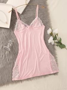 Women's Contrast Lace Cami Nightdress, Adjustable Spaghetti Strap Backless Nightgown, Women's Sleepwear for All Seasons, Pyjamas for Women, Womens Clothes, Sleeveless Nightwear, Womenswear