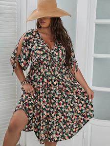 Plus Size Ditsy Floral Print Knotted Half Sleeve Wrap A Line Dress, Summer Bohemian Fashion Casual High Waist Dress for Beach Vacation Holiday, Dresses for Women, Women's Clothing, Plus Size Dresses, Summer Dresses 2025, Womenswear, Boho Clothes Women