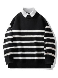 Men's 2 in 1 Striped Print Drop Shoulder Sweater, Regular Fit Casual Long Sleeve Collar Jumper for Fall & Winter, Fashion Men's Knitwear for Daily Wear