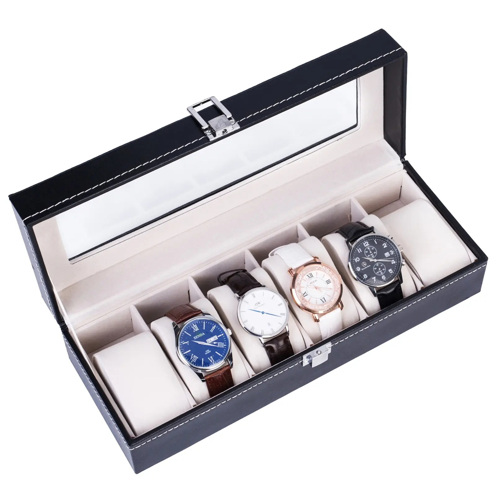 6 Compartments High-grade Leather Watch Collection Storage Box Black Watch Display Jewellery Collection Case