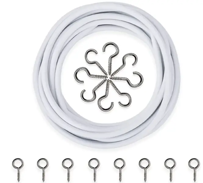 Net Curtain Wire with hook- Multi-Purpose Decoration Net Voile Curtain Wire Cable - Durable and Expandable Cord - Cut to Any Size Length - 3 Metre Length, with 8 Eyes and 8 Hooks - White (1)
