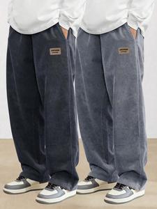 Men's Letter Label Patched Pocket Straight Leg Corduroy Pants, Loose Casual Comfy Trousers for Fall & Winter, Men's Bottoms for Daily Wear