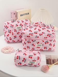 Cherry Pattern Makeup Bag Set, Large Capacity Cosmetic Storage Bag, Zipper Makeup Organizer Pouch, Portable Toiletry Bag for Travel
