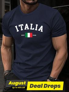 Men's Italy Flag & Letter Print Round Neck Tee, Regular Fit Casual Short Sleeve Crew Neck T-shirt for Summer, Fashion Men's Top for Daily Wear, Sports Tops, Athletic Activewear, Modern Sportswear, Athletic Workout Clothing