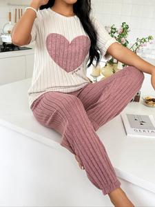 Women's Heart Print & Letter Embroidery Top & Elastic Waist Pants Pyjama Set, Round Neck Short Sleeve Tee & Ribbed Trousers Pj Set, Casual Comfy Sleepwear Set for Women, Pyjamas for Women, Loungewear