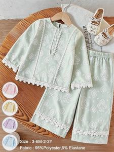 2-Piece Baby Girl Long Sleeve Set, Baby Girl Clothes, Geometric T-Shirt with Flared Pants, Elegant Lace Trim, Stylish Summer for Festivals