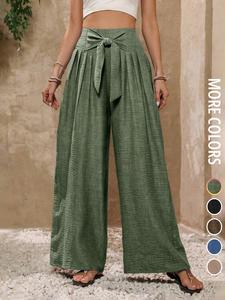 Stylish Women's Loose-Fitting High Waist Flowy Wide Leg Pants with Bow, Elegant All Seasons Casual Trousers for Office & Daily Wear, Loose Legged Pants