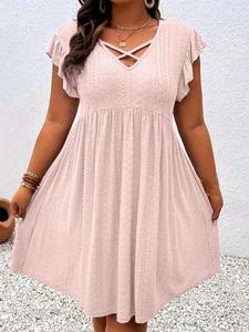 Plus Size Criss Cross Eyelet Embroidery Butterfly Sleeve Dress, Elegant Chic V Neck Cap Sleeve A Line Dress for Fall, Women's Clothes for Daily Wear, Casual Wear, Womenswear