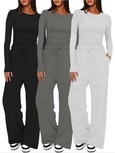 Two-piece Set Women's Solid Ruched Tee & Drawstring Pocket Pants Lounge Set, Casual Long Sleeve T-shirt & Elastic Waist Trousers, Ladies Sleepwear for All Seasons