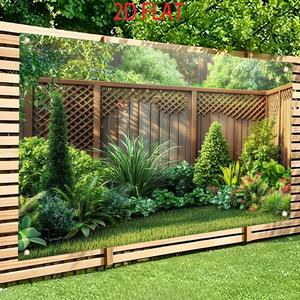 Outdoor Garden Simulation Background Cloth, 2D Flat Design, Yard Fence Greenery Landscape Decor, Photography Party Balcony Decoration