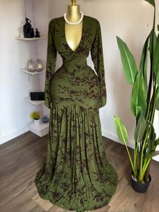 PULKRITU Elegant Women's Floral Velvet Long Sleeve Dress, V Neck Ruched Mermaid Tail, Fall Winter Wear, Birthday Holiday Long Gown
