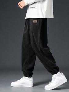 Men's Letter Patched Drawstring Waist Corduroy Pants, Loose Casual Comfy Pocket Jogger Trousers for Fall & Winter, Men's Bottoms for Daily Wear