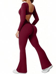 Women's Solid Backless Flare Leg Jumpsuit, Sporty Comfy Long Sleeve Jumpsuit for Yoga Gym Workout, Ladies Sportswear for All Seasons, Activewear Clothing, Activewear Fitness, Stretchable Activewear, Sportswear Jumpsuits