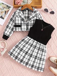 Two-piece Set Girl's Plaid Print Lapel Neck Blazer & Sleeveless Tank Dress Set, Elegant Fashion Outfits for Daily Outdoor Wear, Girls Fancy Dress, Girls Clothing for Fall, Girlythings, Formal Co-ord Sets, Glitz and Glam Set