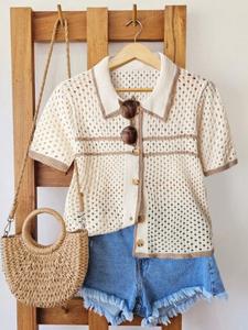 Plus Size Women's Colorblock Lapel Knit Sweater, Geometric Pattern, Hollow Out Design, Spring Summer Casual Fashion