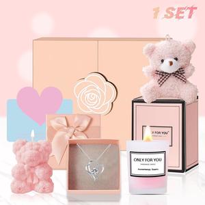 Rose Relaxing Spa Gifts with, 1 Set Women Self Care Gift Including Candle & Necklace & Bear & Card, Holiday Birthday Gifts for Mom Sister Best Friend, Valentine's Day Gift, Bridal Shower Gift, Halloween