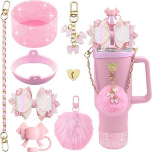 Cute Silicone Tumbler Cup Accessories, 8 Counts/set Including Silicone Bow Straw Topper Cover & Protective Silicone Boot & Decorative Accessories, Drink Protector, Drink Carrier, Travel Portable Drinkaware for Indoor & Outdoor, Drinking Gadgets for Mug