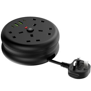 8-in-1 Power Strip Surge Protector/ Power Board/ Extension Socket with 2m Retractable Cord, 3250W, 13A, Portable Power Socket, Overload Protection, 4 AC Power Sockets, 4 USB Ports, Suitable for Home, Kitchen, Office Or Hotel Use.