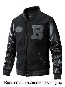 men's letter patched pocket button front varsity jacket, casual regular fit long sleeve stand collar pu leather jacket coat for fall winter, fitted men's clothing