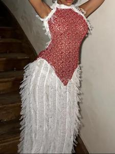 Women's Patchwork Backless Halter Bodycon Dress, Fashion Hollow Out Tassel Long Dress for Party Club Dating Wear, Women Dress for Summer