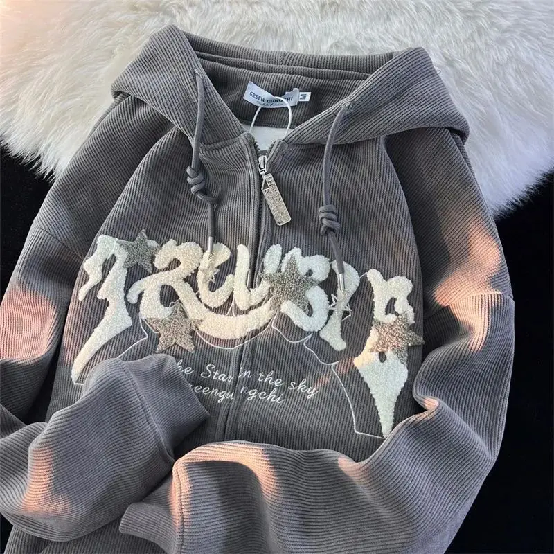 Fashion Embroidered Zipper Hoodies Corduroy Jackets Women Autumn Long Sleeve Tops Loose Hoodies Harajuku Y2K Clothing Women Sweatshirts Jackets  Comfort Minimalist