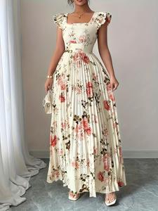 Spring Summer New Women's Elegant Floral Print Pleated Hem Dress, Stylish Ladies' Fashion, Perfect for Casual & Party Wear