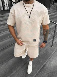 Men's Solid Color Textured Letter Patched Round Neck Tee & Drawstring Waist Shorts Two-Piece Set, Regular Fit Casual Fashion Short Sleeve T-shirt & Pocket Track Shorts, Men's Summer Clothes for Daily Wear