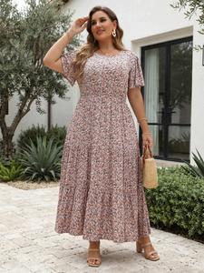 【Plus Size】 Women's Ditsy Floral Print Pocket Ruffle Hem A Line Dress, Summer Clothes Women, Dresses Summer, Mean Girls Outfit, Boho Comfort Butterfly Sleeve Long Dress, Holiday Outfits, Women Fashion, Bohemian Lady Summer Clothing for Holiday Vacation