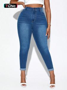 Plus Size Women's Plain High Waist Pocket Skinny Jeans, Plus Casual Fashion Stretchy Button Denim Pants for Daily Wear, Women Plus Clothing for Summer, Jeggings, Summer Clothes