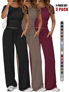Solid Color Round Neck Tee & Flare Leg Pants Ruched Loungewear, Casual Comfy Pyjama Set, Women's Sleepwear for All Seasons, Homewear 2026