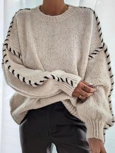 Women's Contrast Binding Drop Shoulder Sweater, Stretchy Casual Long Sleeve Round Neck Knitting Jumper for Fall & Winter, Fashion Ladies' Knitwear for Daily Wear Tops