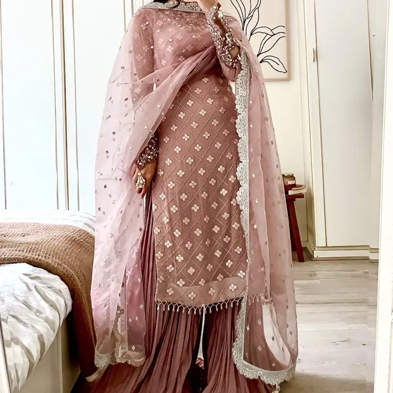 Elegant White & Mauve Readymade Embroidered Gharara Palazzo Set | Eid & Wedding Outfit jazmin pakistani chiffon the traditional indian formal attire
