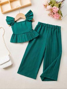 Two-Piece Set Toddler Girl's Solid Ruffle Trim Top & Wide Leg Pants Set, Elegant Square Neck Top & Trousers for Daily Outdoor Wear, Kids Clothes for Summer