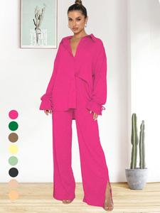 Women's Solid Color Long Sleeve Button-Up Shirt with High Waist Split Pants Set, Casual Ruffle Sleeve Top and Wide Leg Trousers for Spring Summer Style Outfit Womenswear Clothes