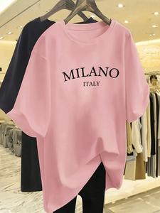 Women's Milan Letter Print Round Neck T-Shirt, Casual Loose-Fitting Short Sleeve Top, Fashionable All-Season Outerwear
