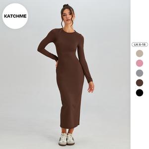 Katch Me Look Women's Elegant Solid Color Round Neck Long Sleeve Slinky Maxi Dress, Comfort Women's Clothing for Spring & Fall, Slim Holiday Dresses