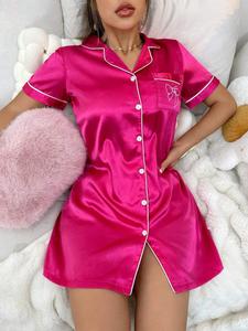 Women's Sexy Nightdress, Bowknot Rose Short Sleeve Pajamas, Button Front Dress, Elegant Fitted Sleepwear for All Seasons