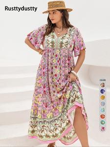 Plus Size Patchwork Floral Print Tie Neck Contrast Lace Ruffle Hem Long Dress, Summer Sundress 2024, Boho Butterfly Sleeve Smock Dress, Ladies Summer Outfits 2024 Clothes for Vacation