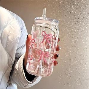 Baby Pink Bow Pattern Water Bottle, 1 Count Portable Reusable Washable Water Cup with Lid & Straw, Drinking Cup for Tea, Juice, Milk, Unique Bow Pattern Drinkware for Office, Restaurant, Classroom, Picnic, Party