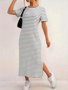 Women's French Lazy Style Striped Dress, Summer Slim Fit Side Split Long Dress, Simple High-End Short Sleeve T-Shirt Dress