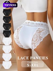 4/6/8/10-pack Women's Underwear Lace Underwear High Waist Tummy Control Seamed Hollow Out Sensual Fitting Plant Flower High Quality Women's Printed Soft Triangular Panties